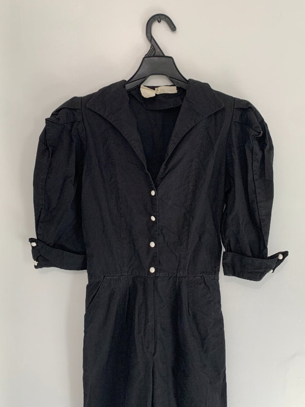 Vintage 1980s Dominique Black Cotton Puff Sleeve Button Front Jumpsuit Sz 7 XS